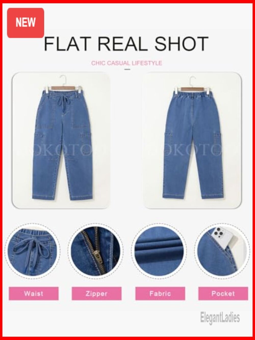 High Waisted Straight Wide Leg Cargo Jeans Loose Fit Cotton Denim Pants - Picture 6 of 7